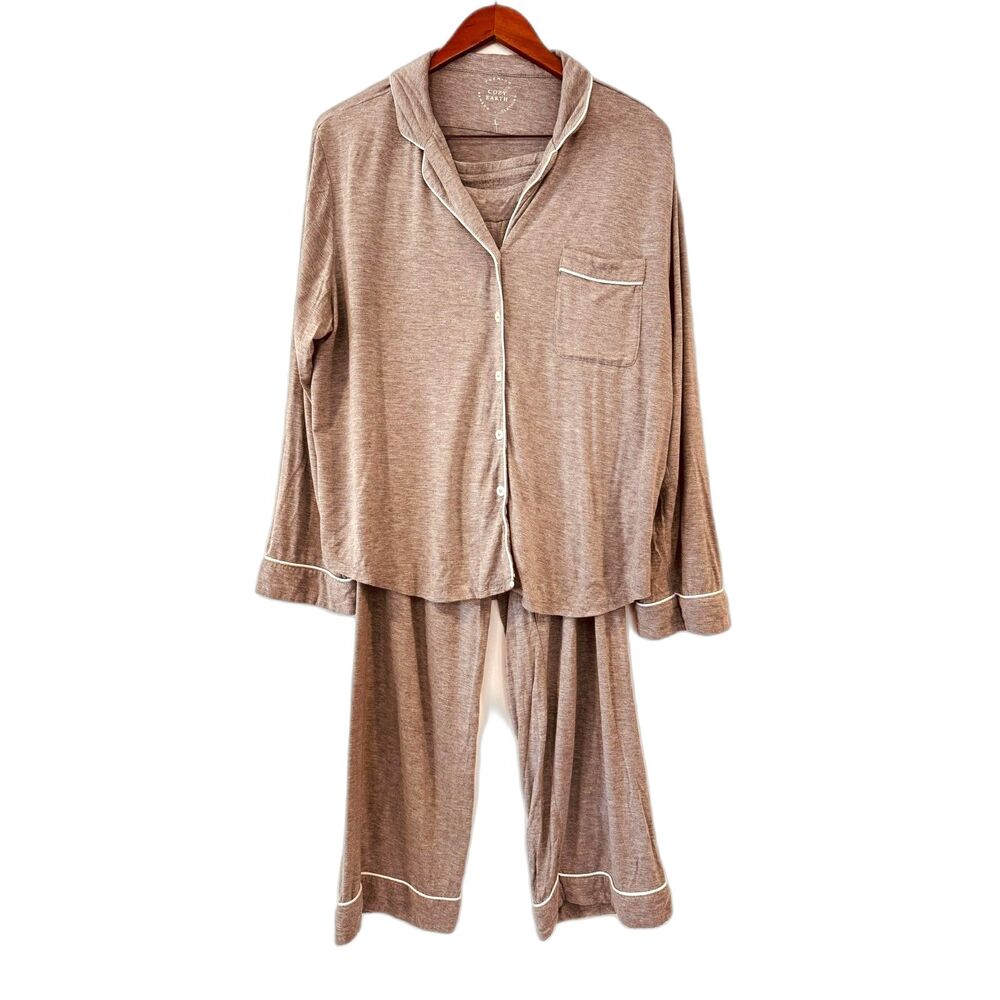 Cozy Earth Bamboo Pajama Set L Taupe Gray Long Sleeve Button Down Pants Piping